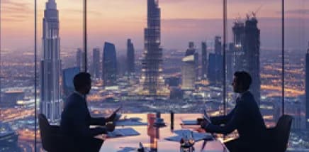 Business owners meeting with Dubai skyline backdrop
